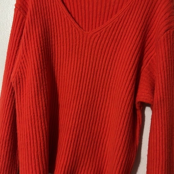 3/$20 Dee Elly Solid Cut Out V-Neck Open Knit Coral Sweater - Picture 3 of 5